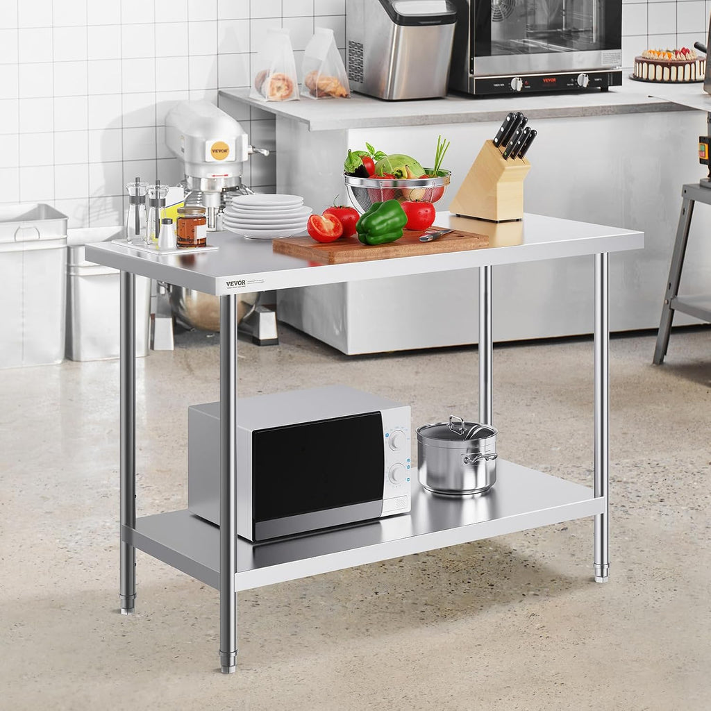VEVOR Stainless Steel Prep Table, 24 x 48 x 34 Inch, 800 lbs Load Capacity, Heavy Duty Metal Worktable with 3 Adjustable Height Levels, Commercial Workstation for Kitchen Garage Restaurant Backyard