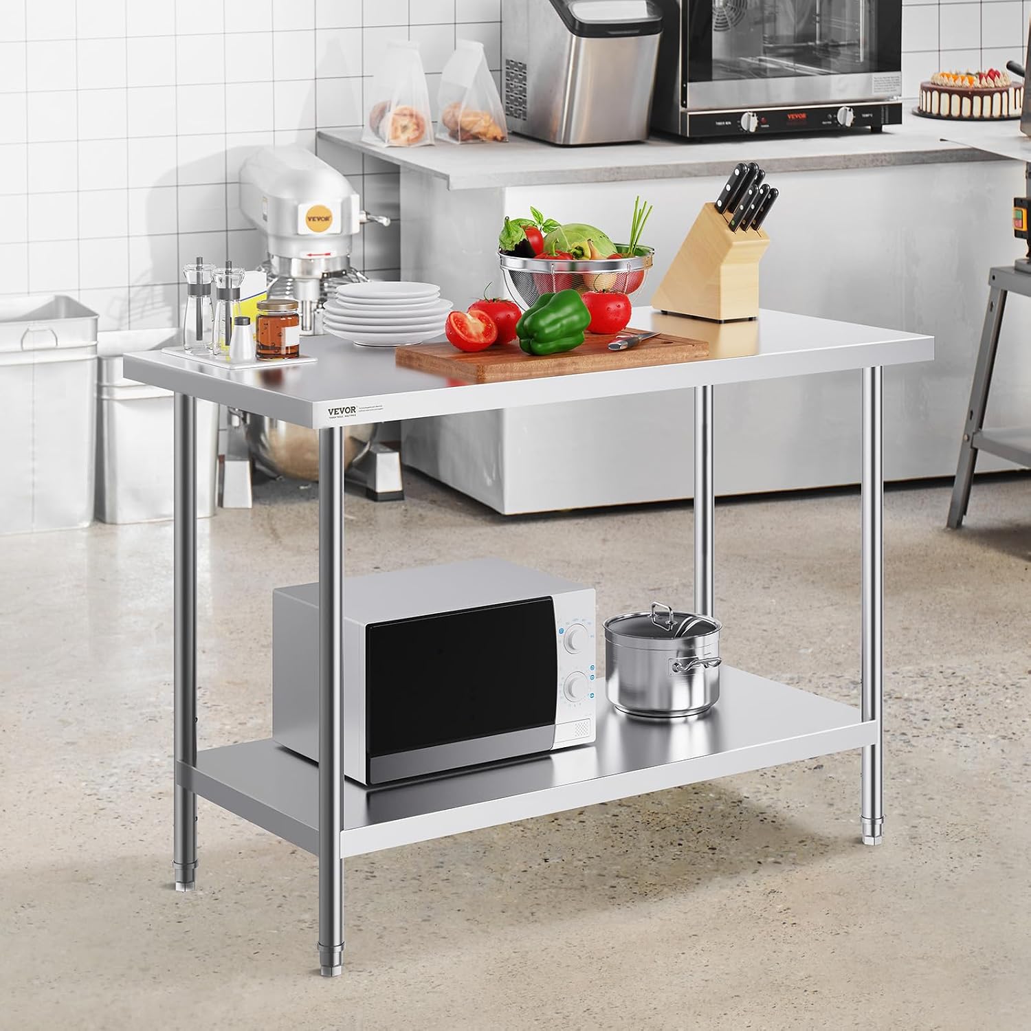 VEVOR Stainless Steel Prep Table, 24 x 48 x 34 Inch, 800 lbs Load Capacity, Heavy Duty Metal Worktable with 3 Adjustable Height Levels, Commercial Workstation for Kitchen Garage Restaurant Backyard