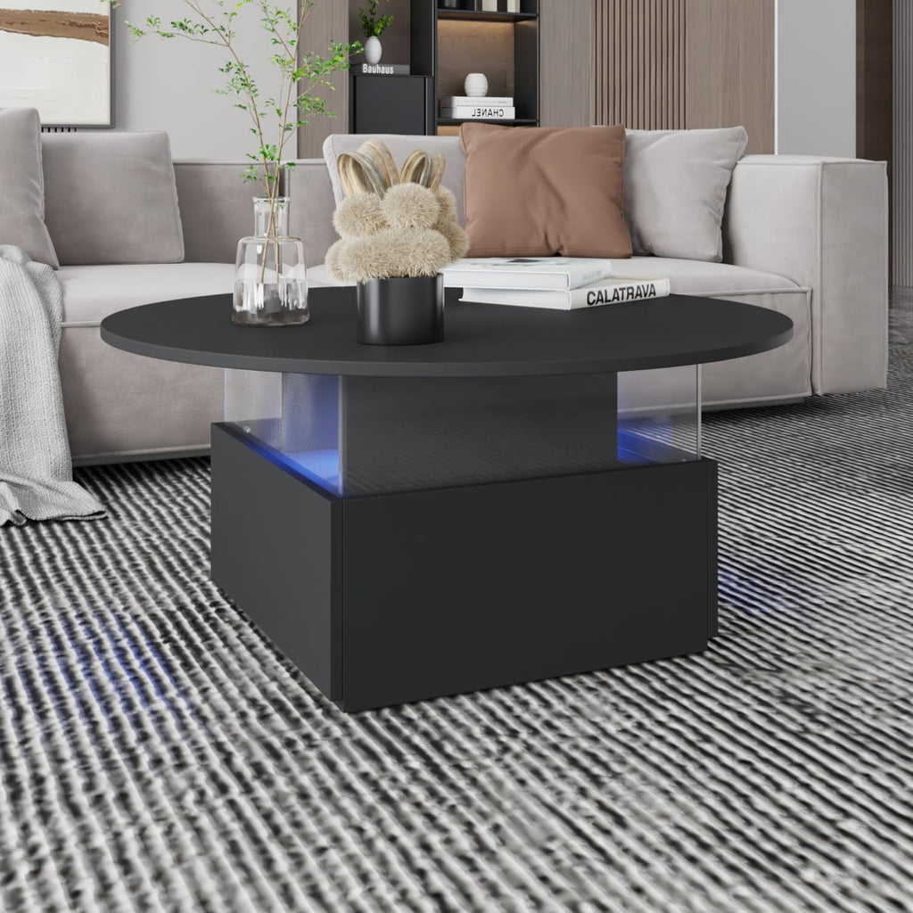 HedoAjim 31.5' Round Coffee Table for Living Room, LED Modern Living Room Table with Storage, Square Acrylic Coffee Tables with 2 Sliding Drawers, Wood Center Table for Reception Dinning Room, Black