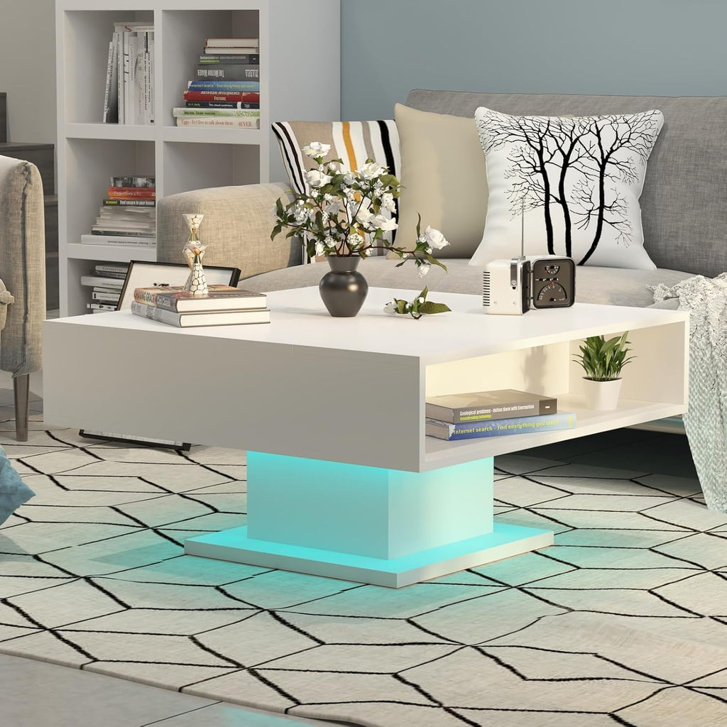 Square Lift Top Coffee Table with Storage, White Led Coffee Table for Living Room with Large Hidden Storage, 30.7' Wood Table Led Center Table for Dining Reception Room