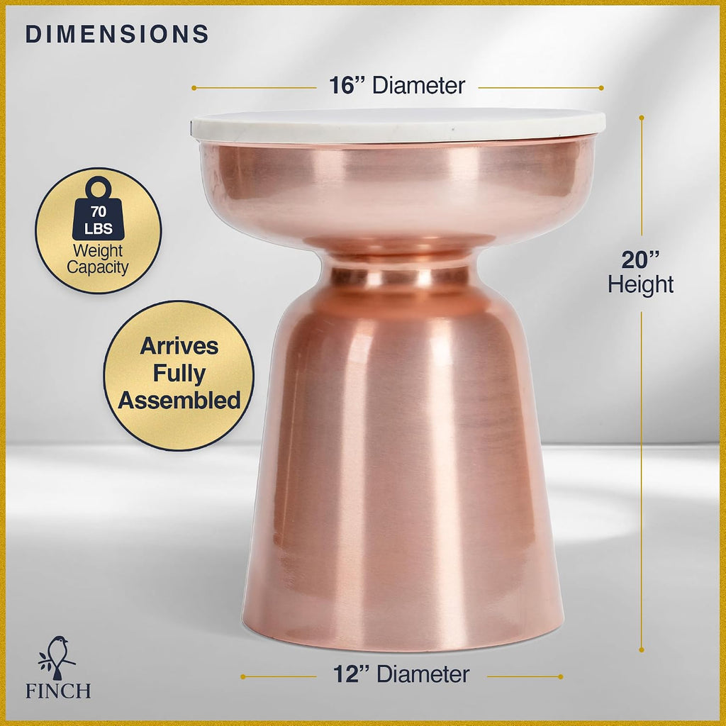 Click365 Adler Marble Accent Side Table, 16 Inch Round End Table with Hourglass Rose Gold Metal Base, Modern Nightstand or Bedside Table for Living Room or Bedroom, Ivory White & Rose Gold