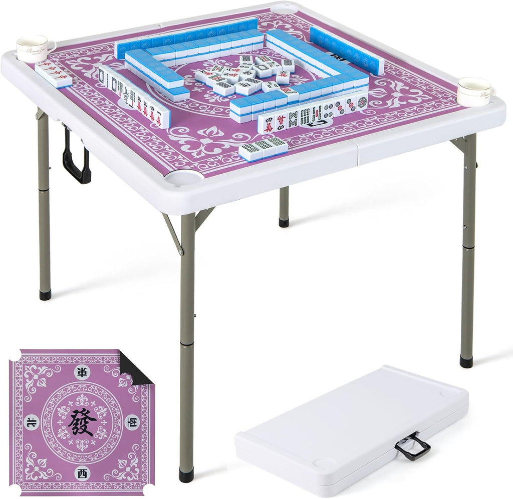 Goplus Mahjong Table, 35' Square Folding Card Table w/4Cup Holders, Anti Slip Mat, HDPE Tabletop, Metal Legs, Portable Mahjong Game Table for Domino Game, Picnic (Pink, Table w/Removable Mat)