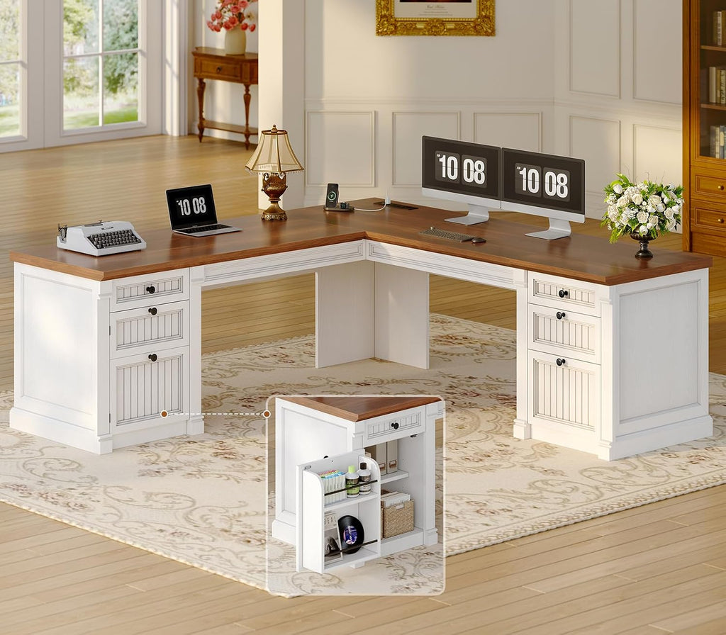 SEDETA L Shaped Desk with 4 Drawers, 67'x 67' Executive Home Office Desk with File Drawers & Storage Cabinet, Corner Computer Desk with Power Strip for Bedroom, Brown+White