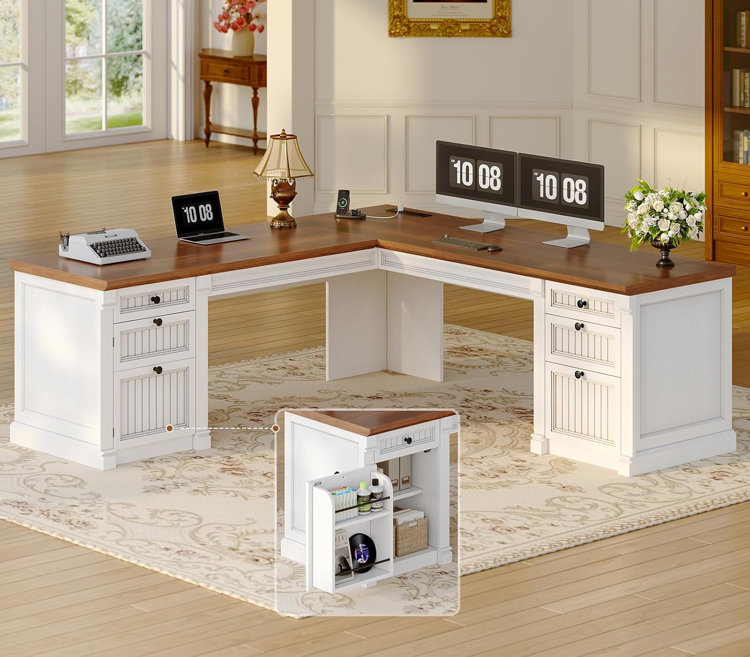 SEDETA L Shaped Desk with 4 Drawers, 67'x 67' Executive Home Office Desk with File Drawers & Storage Cabinet, Corner Computer Desk with Power Strip for Bedroom, Brown+White