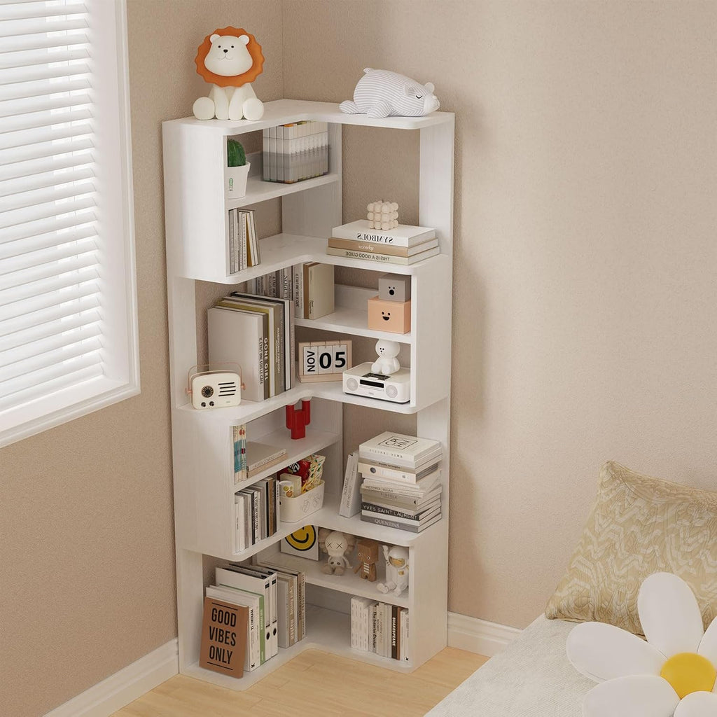 Lkeiyay 9-Tier White Corner Bookcase, 65' Tall Space-Saving Modern Corner Bookshelf for Living Room/Bedroom, Sturdy Open Storage Unit with Multiple Shelves, Perfect for Home Office & Small Spaces