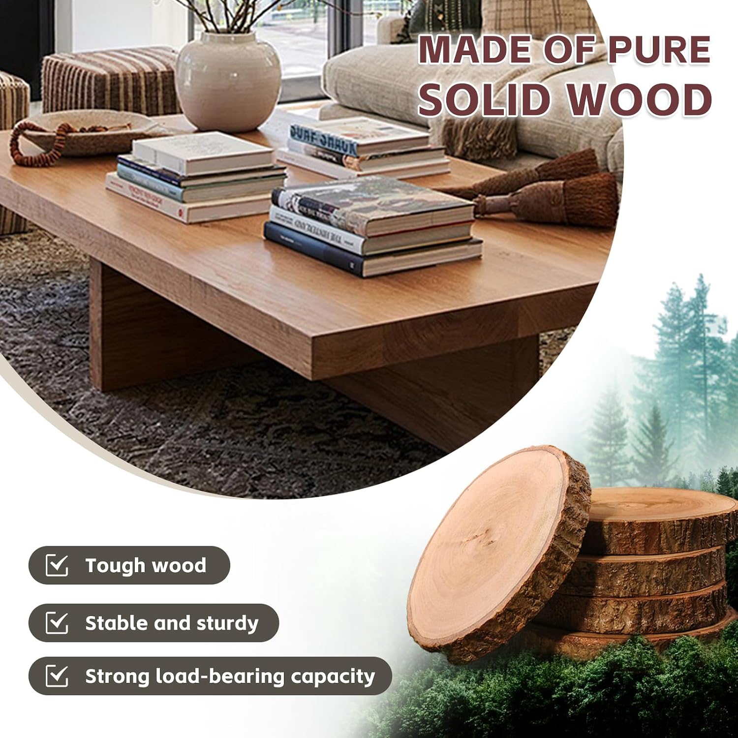 Solid Wood Coffee Table, Farmhouse Square Center Table, 2' Thick Tabletop, Durable Natural Wood Grain, Living Room Table for Living Room & Office