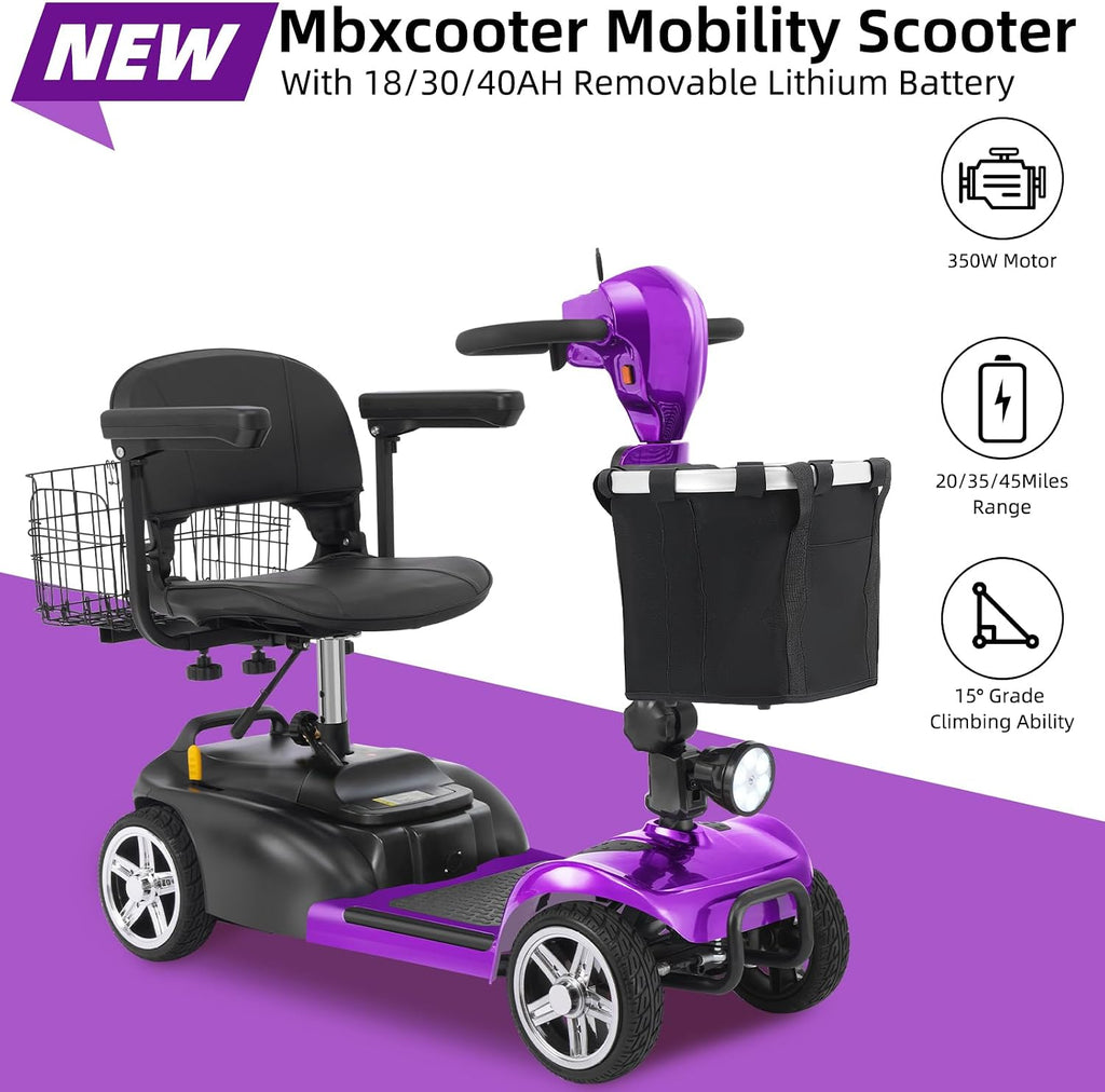 20 Miles 4 Wheels Mobility Scooter for Seniors/Adults Up to 300LBS,350W Electric Wheelchair Detachable Lithium Battery,Dual Baskets,Rotating Seat,with Taillight, USB Charging, Purple