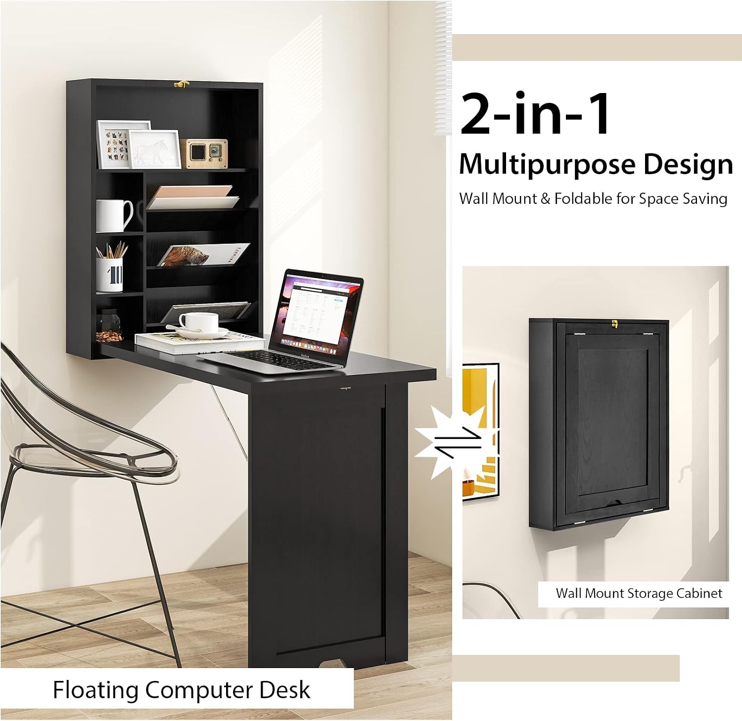 Tangkula Folding Wall Mounted Desk, Convertible Fold Out Floating Table with Storage Shelves, Space-Saving Drop Leaf Table, Murphy Desk for Craft, Study, Small Spaces, Home Office, Dorm, Black