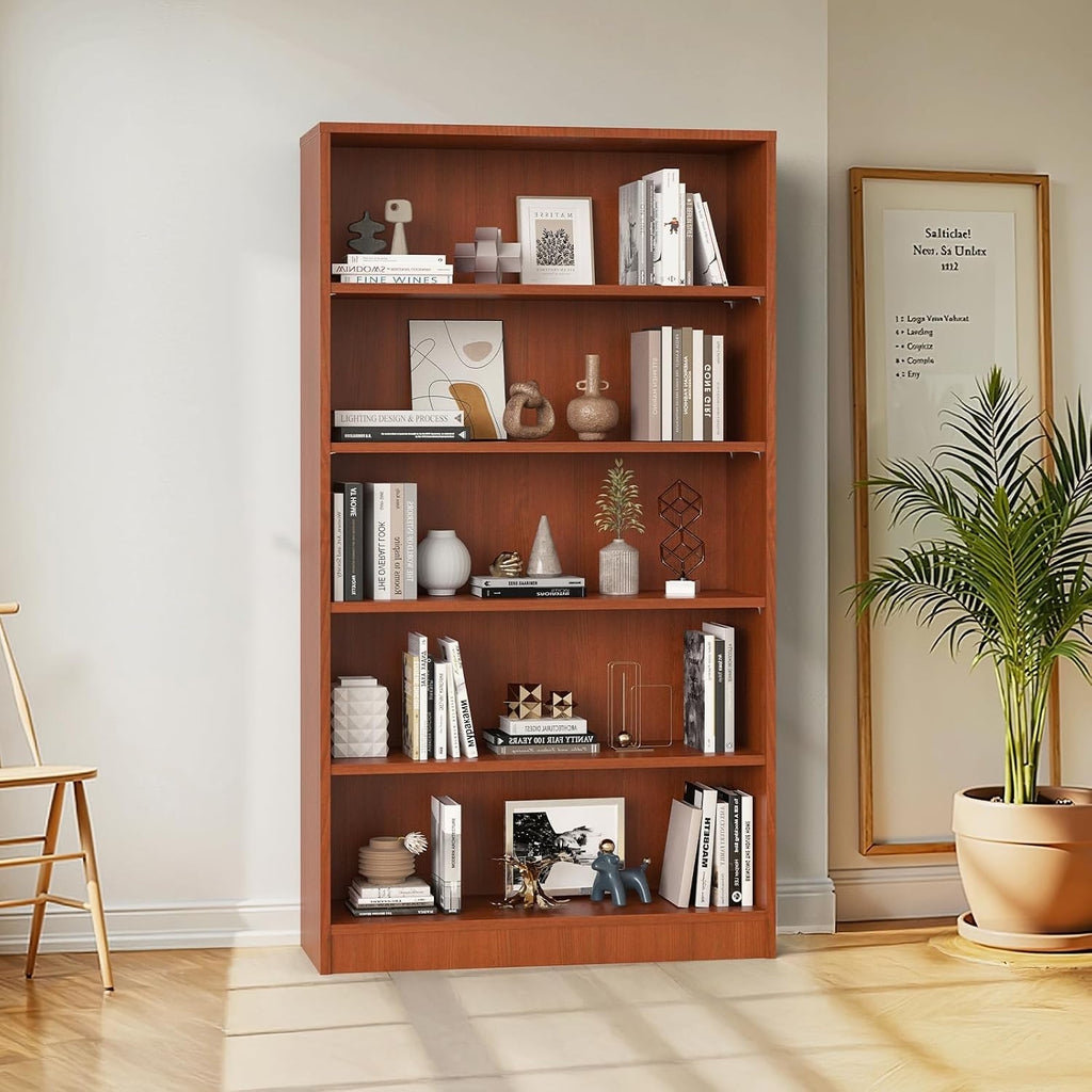 Farini 60 Inch Tall 5-Shelf Bookcase, Wood Bookshelf Storage Organizer Adjustable Shelf for Home Office, Study Room, Easy Assembly,Cherry