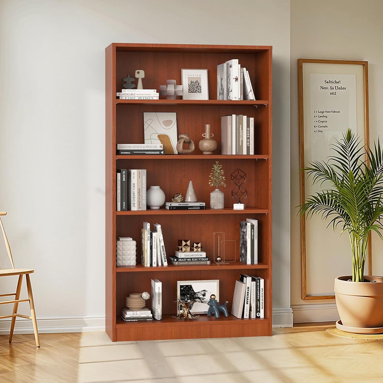 Farini 60 Inch Tall 5-Shelf Bookcase, Wood Bookshelf Storage Organizer Adjustable Shelf for Home Office, Study Room, Easy Assembly,Cherry