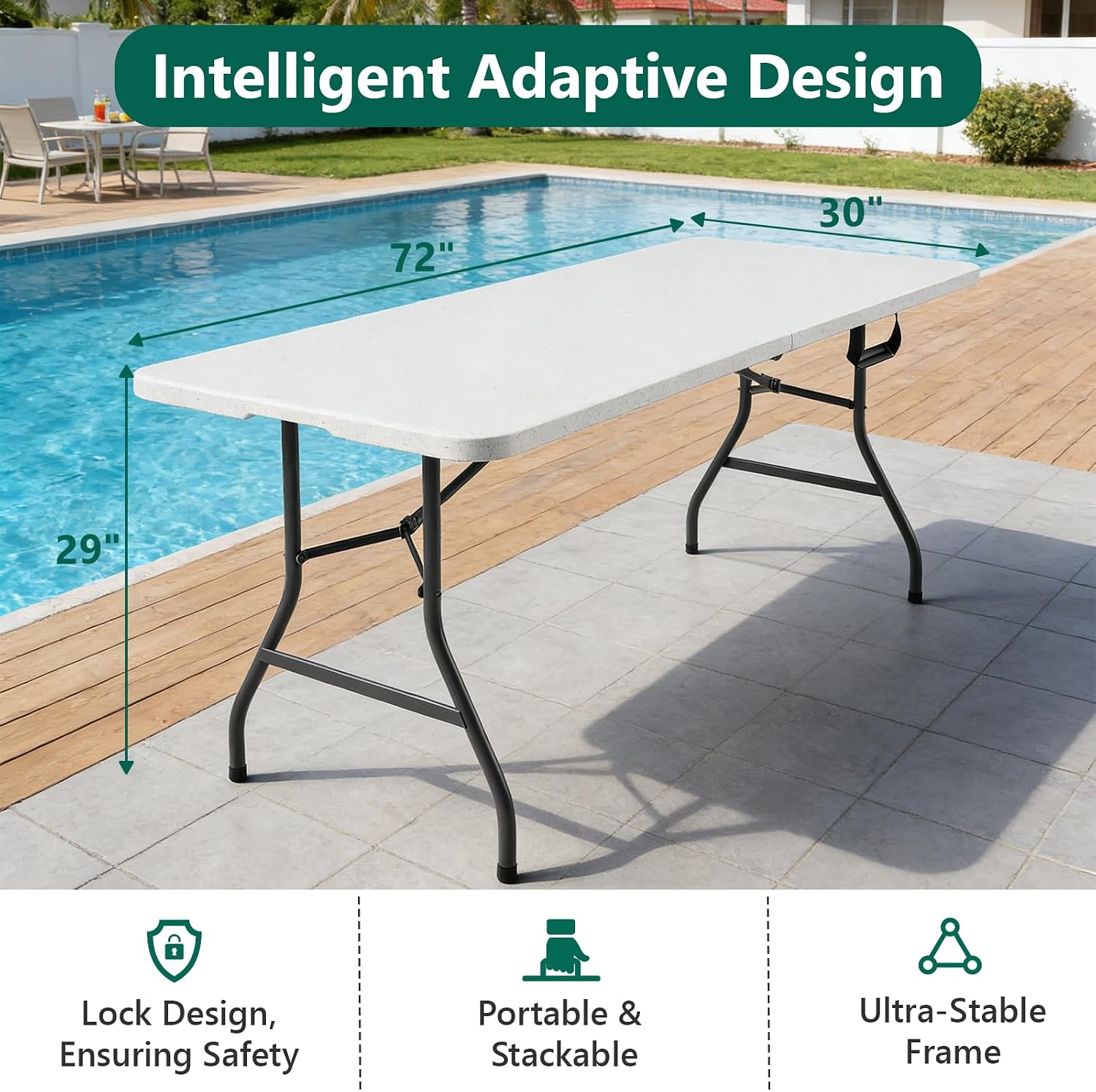 6FT Folding Table, Heavy Duty Plastic Fold-in-Half Utility Table with Handle, Portable Camping Picnic Table with Steel Legs for Indoor Outdoor Party, Dining, White,2 Pack