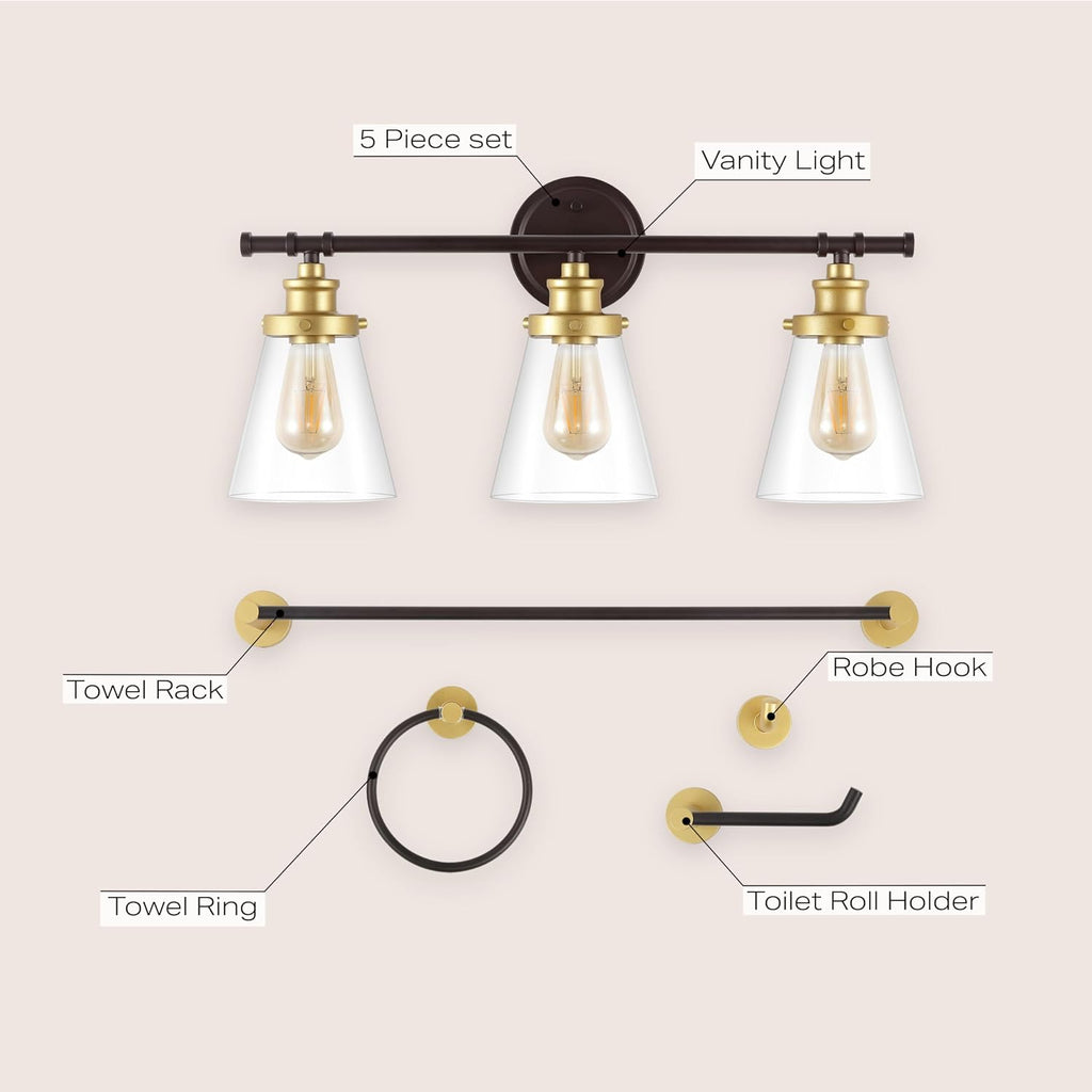 JONATHAN Y JYL1507B Hollis 23.75' 3-Light Traditional Farmhouse Vanity Light with Bathroom Accessory Set, Oil Rubbed Bronze/Gold Painting (5-Piece) - Towel Bar & Ring, Toilet Paper Holder, Robe Hook