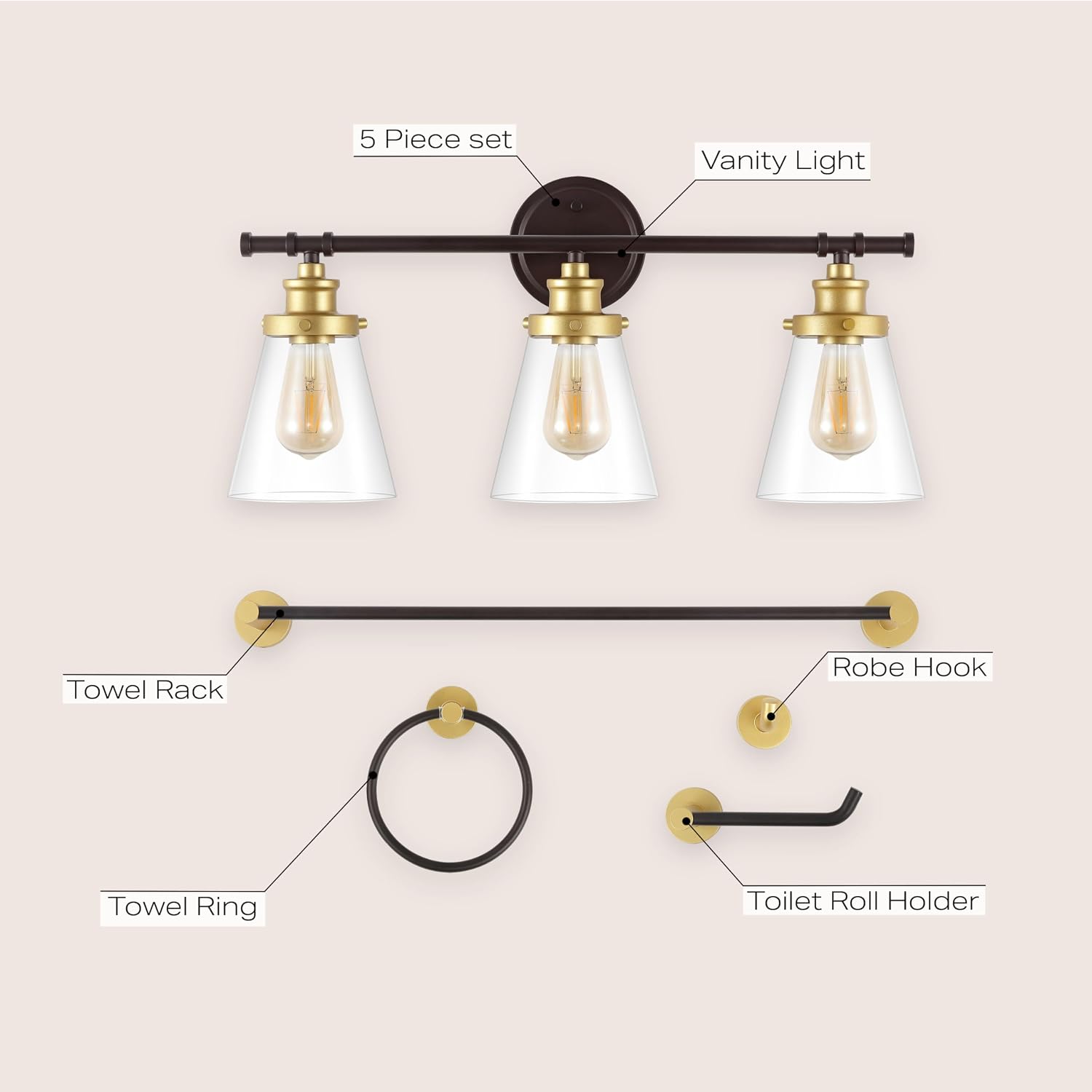 JONATHAN Y JYL1507B Hollis 23.75' 3-Light Traditional Farmhouse Vanity Light with Bathroom Accessory Set, Oil Rubbed Bronze/Gold Painting (5-Piece) - Towel Bar & Ring, Toilet Paper Holder, Robe Hook