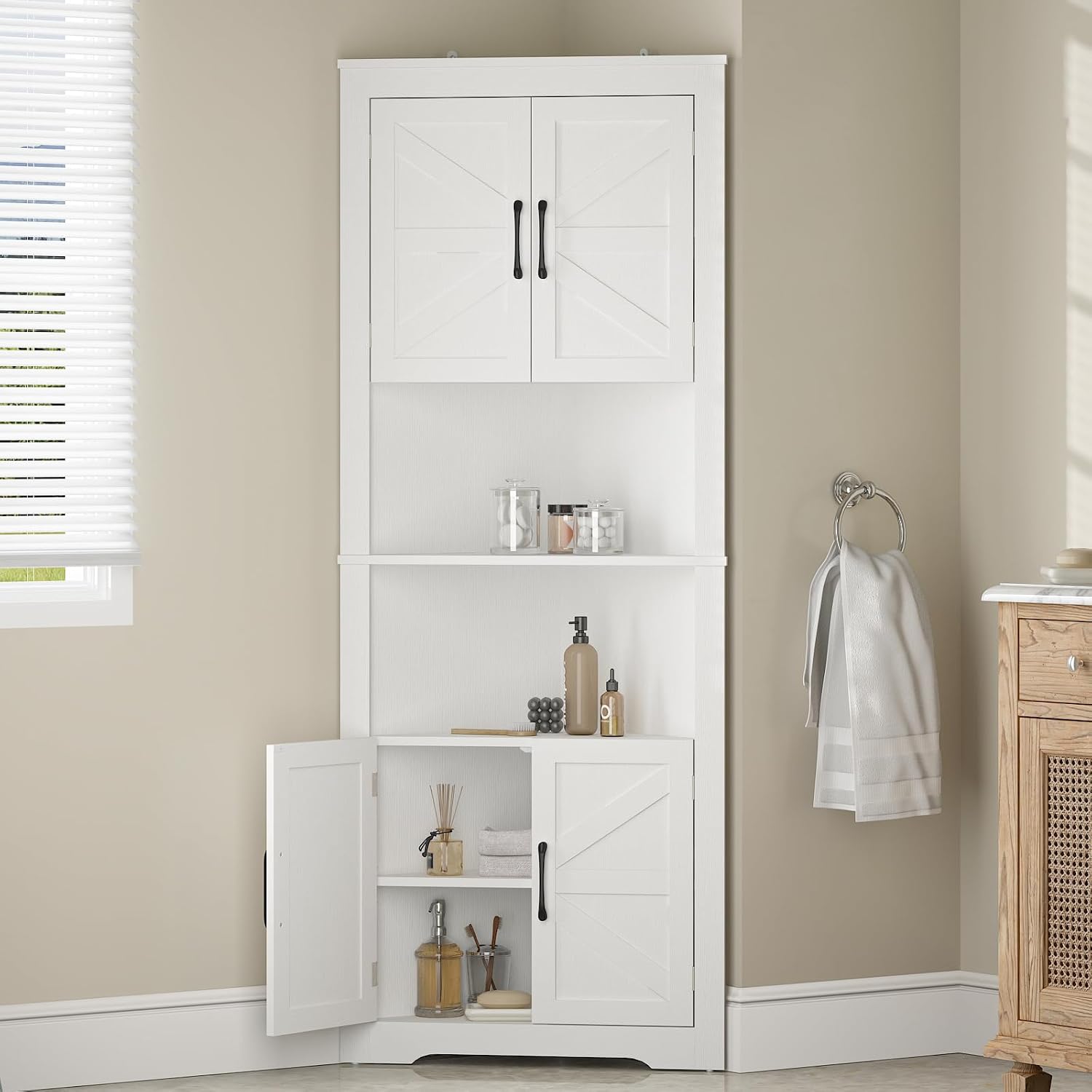 JOZZBY Corner Storage Cabinet, Farmhouse Corner Cabinet with Barn Doors & Adjustable Shelves, Corner Hutch Shelf Home Space Saver for Kitchen, Living Room, Hallway, White