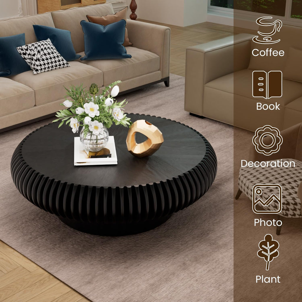 39.3' Drum Coffee Table Modern Unique Fluted Tea Table Contemporary Wood Round Coffee Table with Fluted Centry Table for Living Room Walnut (39.3' Black)