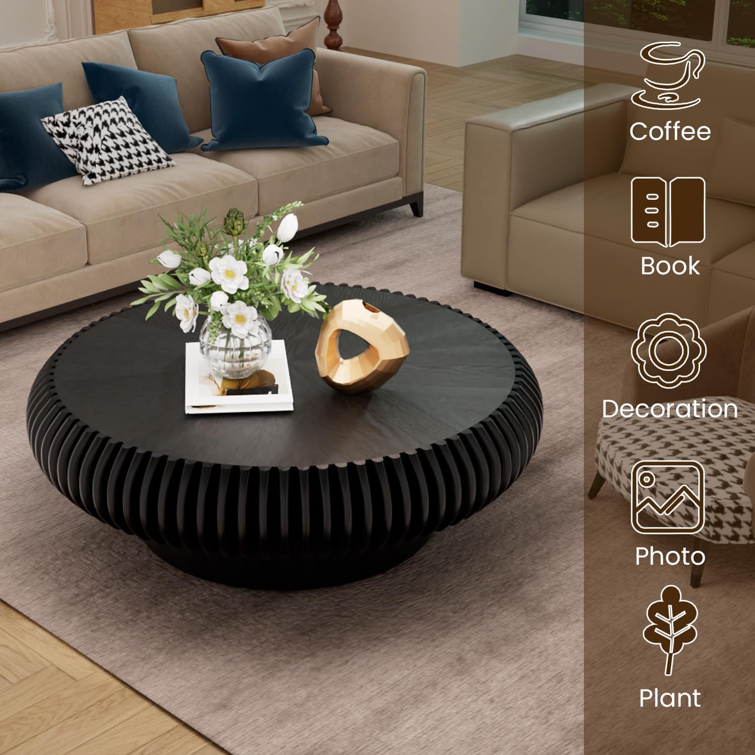 39.3' Drum Coffee Table Modern Unique Fluted Tea Table Contemporary Wood Round Coffee Table with Fluted Centry Table for Living Room Walnut (39.3' Black)