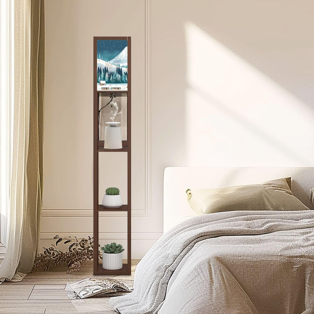 Floor Lamp with Shelves Snow Capped Mountain Wooden Cabins Crisp White Forest Standing Tall Lamp USB Ports & Power Outlet Modern Corner Lamp Nightstand Light for Living Room Bedroom