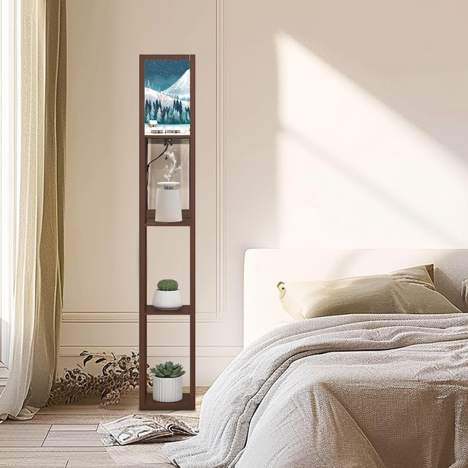Floor Lamp with Shelves Snow Capped Mountain Wooden Cabins Crisp White Forest Standing Tall Lamp USB Ports & Power Outlet Modern Corner Lamp Nightstand Light for Living Room Bedroom