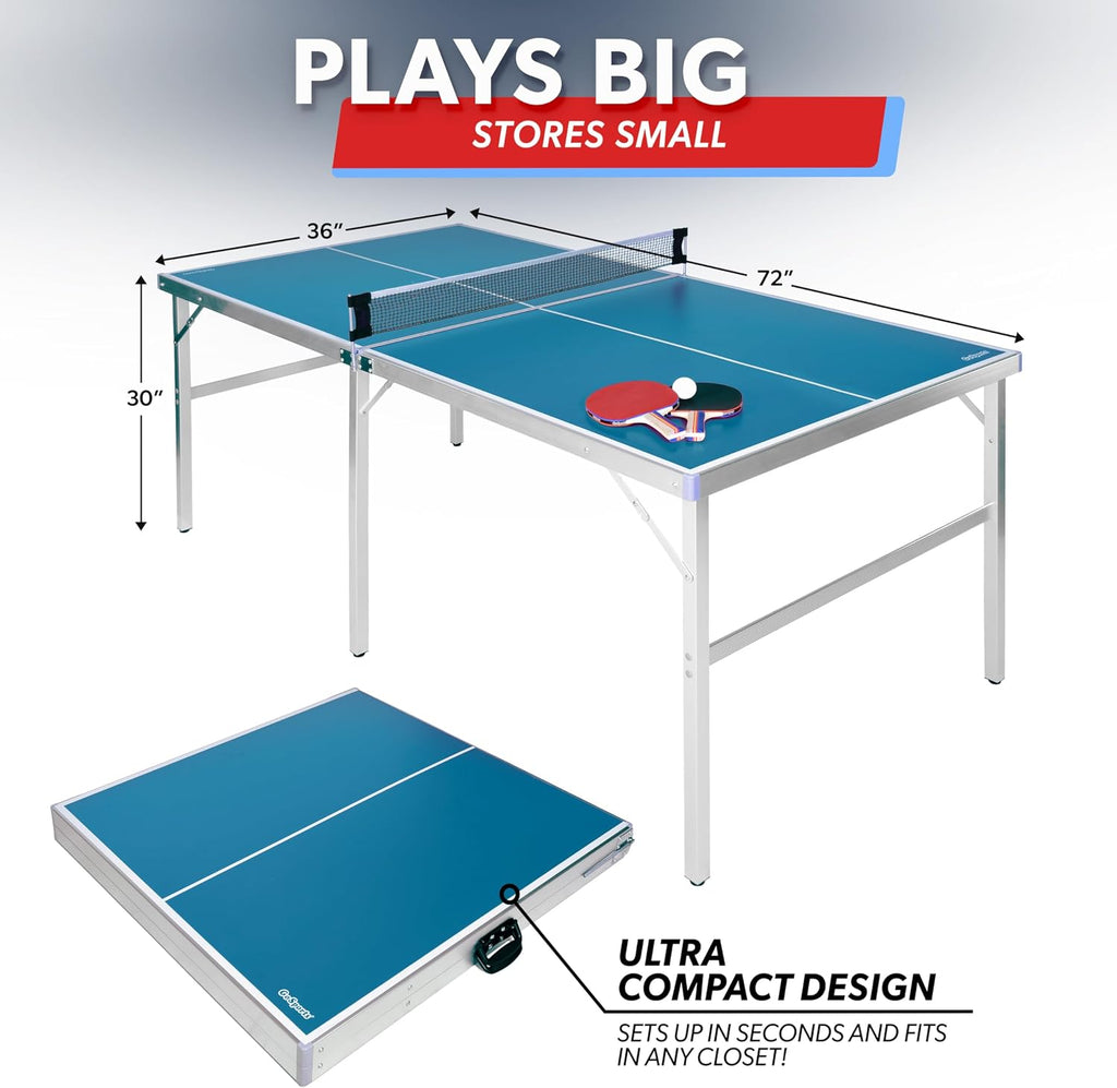GoSports Mid-Size Table Tennis Game Set - Red or Blue - Indoor/Outdoor Portable Table Tennis Game with Net, 2 Table Tennis Paddles and 4 Balls