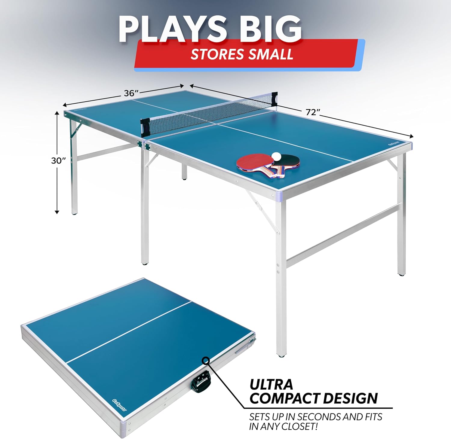 GoSports Mid-Size Table Tennis Game Set - Red or Blue - Indoor/Outdoor Portable Table Tennis Game with Net, 2 Table Tennis Paddles and 4 Balls