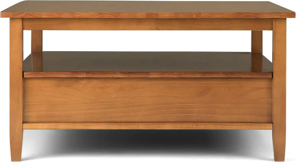SIMPLIHOME Warm Shaker Square Coffee Table - 36 inch Wide Solid Wood Cocktail Table in Light Golden Brown, Transitional Living Room Table with Large Storage Drawer and Open Shelf for Sitting Area