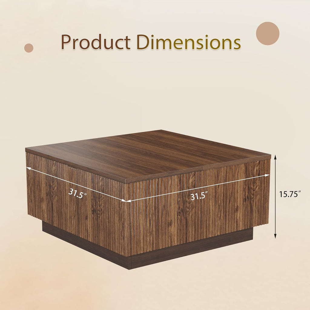 Epecoya Lift Top Coffee Table, Farmhouse Square Fluted Center Table, 31' Modern Wooden Tea Table with Hidden Storage for Living Room, Apartment, Small Spaces, Brown Walnut
