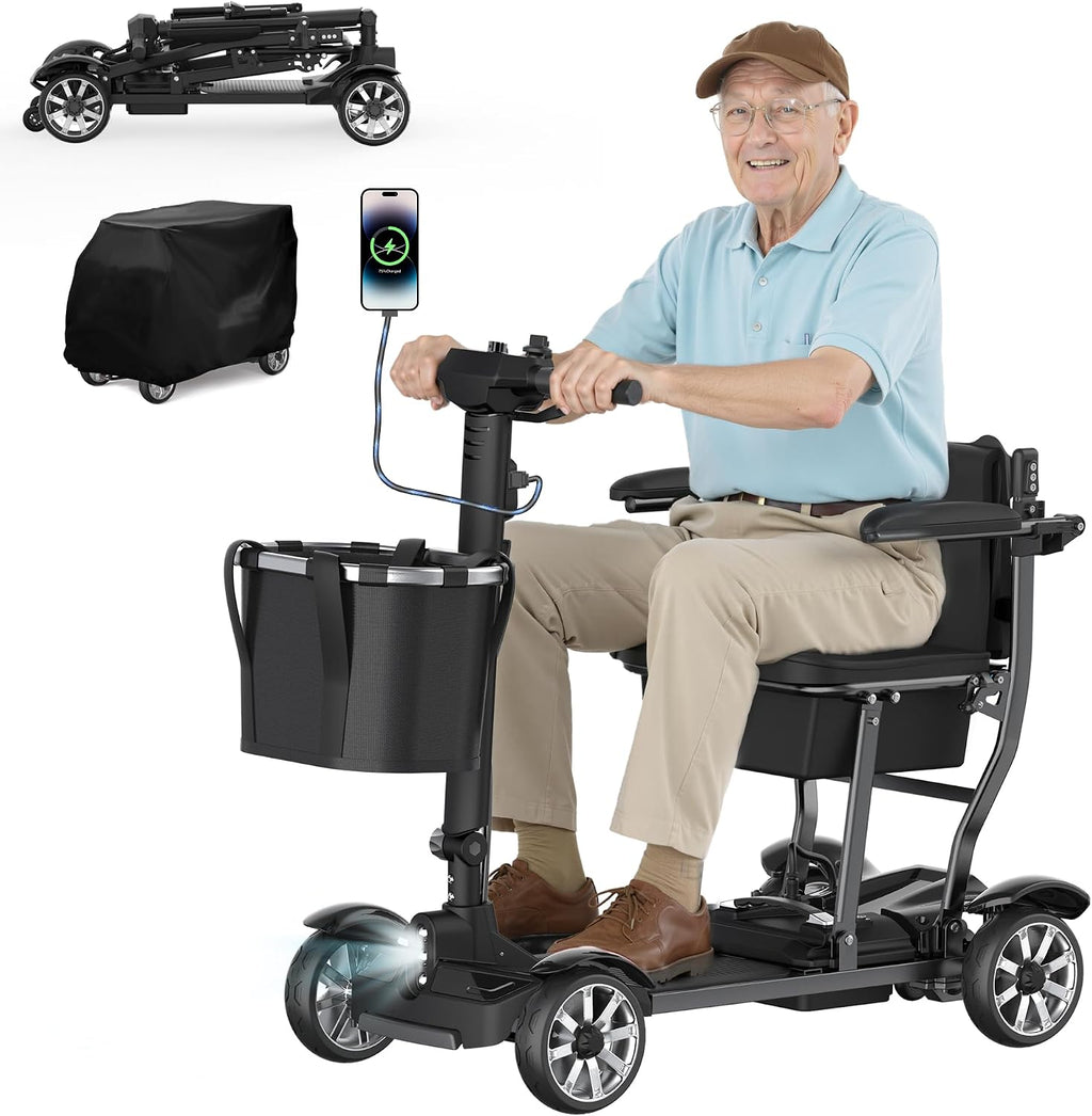 4 Wheels Mobility Scooters for Seniors,39LBS Light Frame&15 Miles Travel Range&350LBS Capacity&270W Brushless Motor Powered Wheelchair Folding Electric Scooter&Dust Cover&LED Lights&Auto Brake-Black