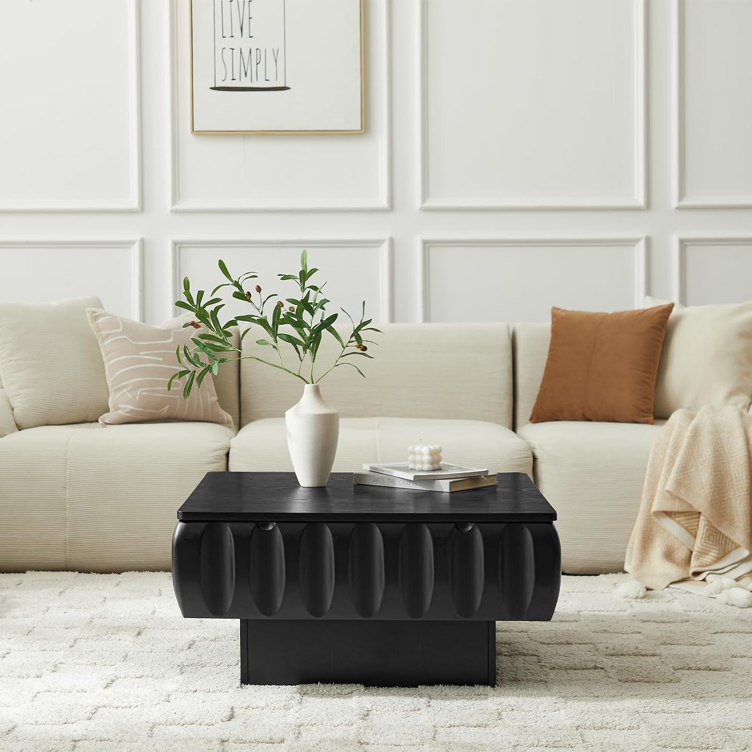 LKTART 31' Lift Top Coffee Table for Living Room, Fluted Coffee Table with Hidden Storage Compartment, Mid Century Modern Solid Wood Veneer Square Center Table for Office Apartment Small Space, Black