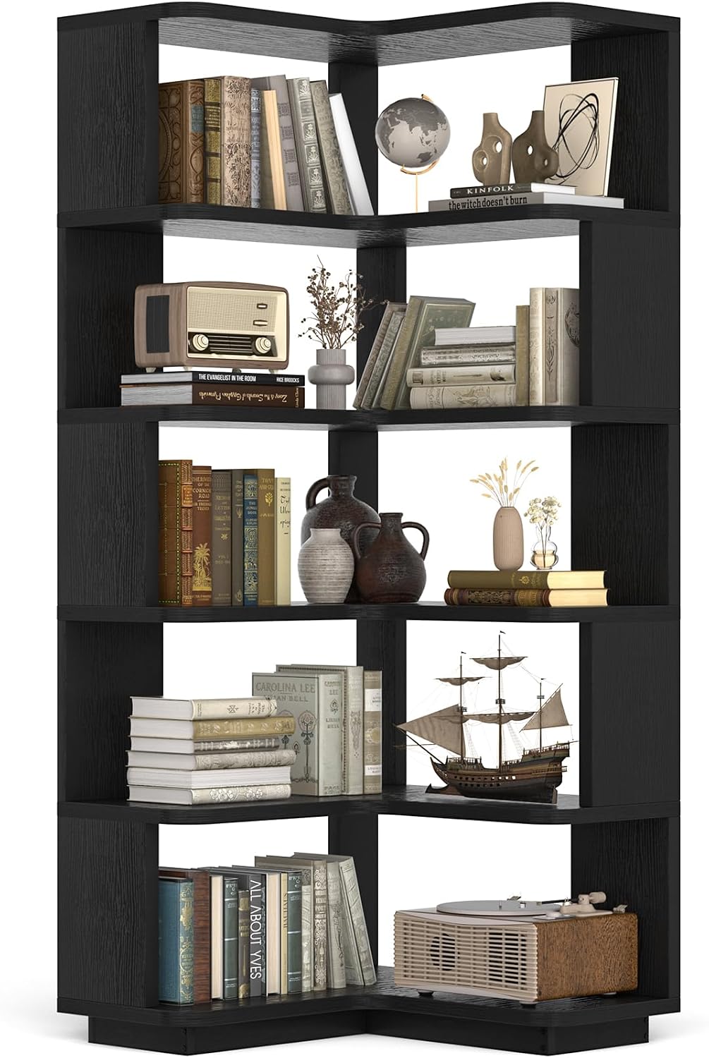 Besiost Corner Book Shelf, 6-Shelf Corner Bookshelf for Small Corner Spaces, L-Shape Bookcase Corner Display Shelf for Home Office, Living Room, Bedroom, Black