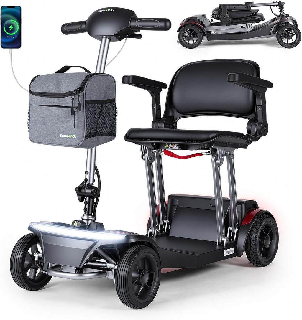 ScootNGo Mobility Scooter for Seniors & Adults Foldable, Airline Approved, 44Lbs Lightweight 4 Wheel Electric Scooter, Portable for Travel, with Removable Battery & USB Port (Standard)