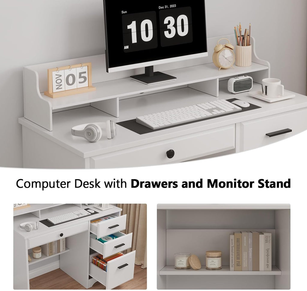 MaverickFurni White Desk with Drawers, Small Computer Desk with Drawers for Writing Study, Office Desk with File Drawer and Monitor Stand for Bedroom, Small Spaces