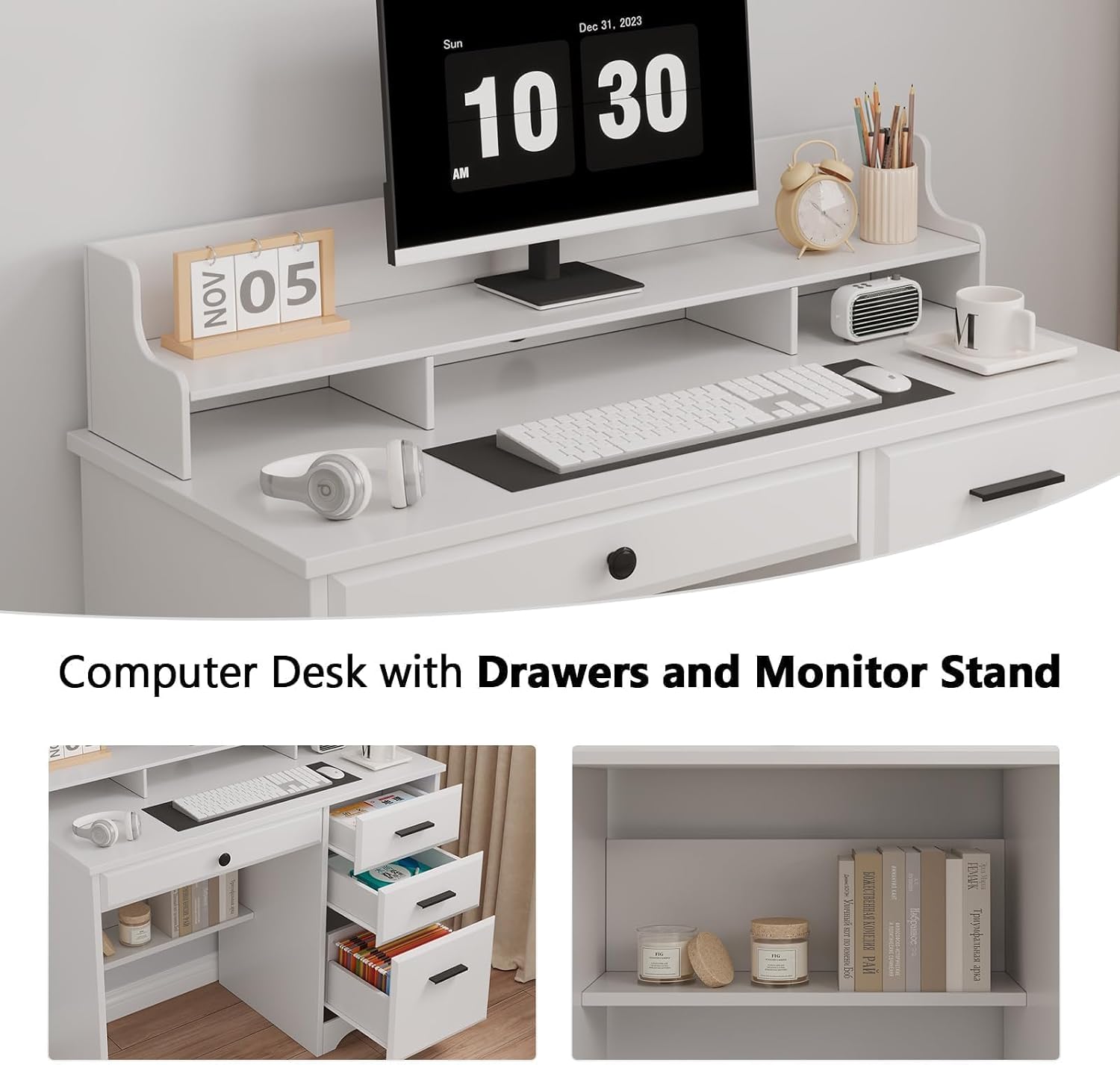 MaverickFurni White Desk with Drawers, Small Computer Desk with Drawers for Writing Study, Office Desk with File Drawer and Monitor Stand for Bedroom, Small Spaces