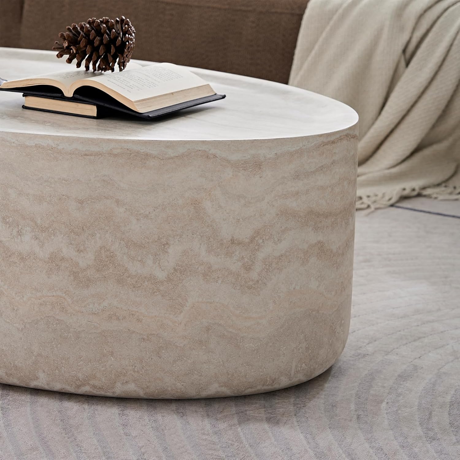 Round Coffee Tables for Living Room, Faux Mars Pattern Pedestal Coffee Tables Mid Century Modern Minimalist Side Tables Travertine Stone Pattern Accent End Table for Apartment, Fibgerglass 43.7'