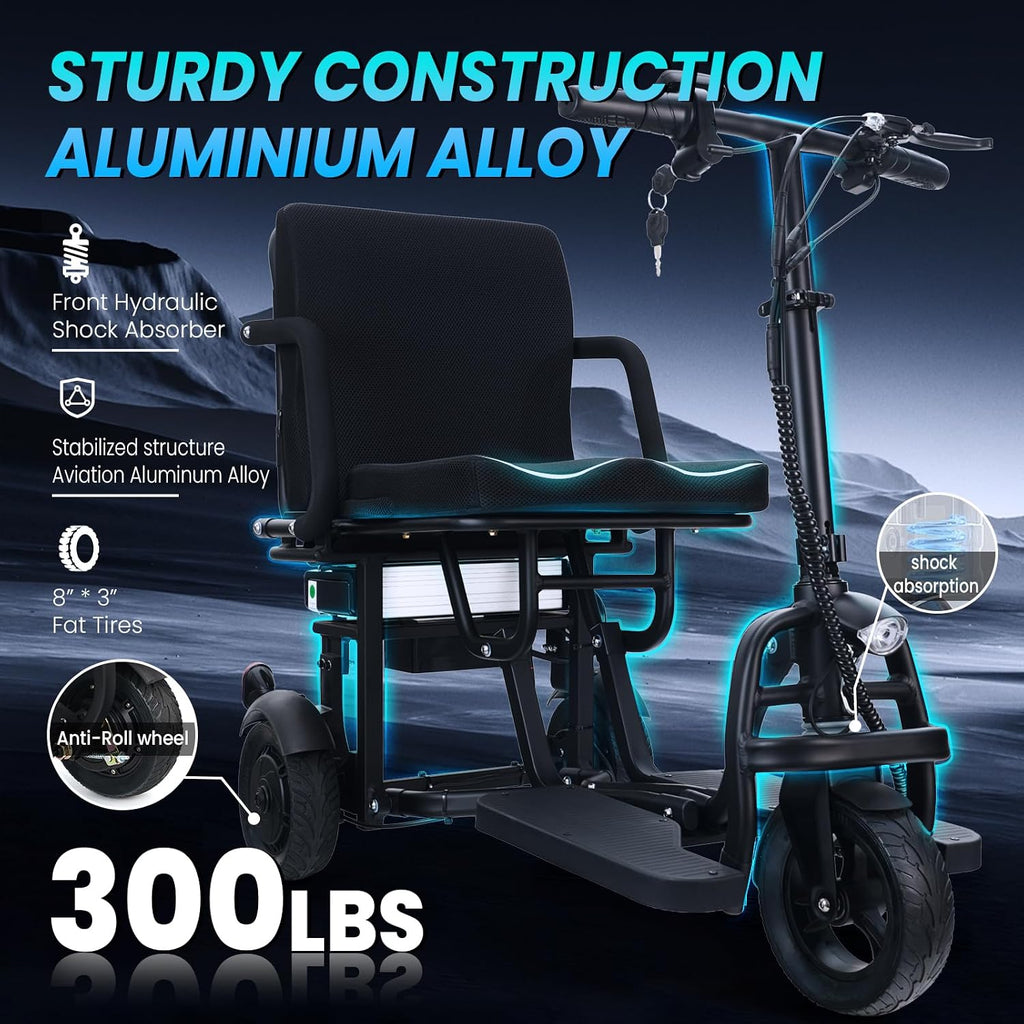 2026 New Upgrade Folding Mobility Scooters for Adults, 9.32mph 3 Wheel Ultra Lightweight Travel Portable Power Scooters for Seniors, with Automatic Cruise Control, with Basket & Cup Holde, Dust Cover