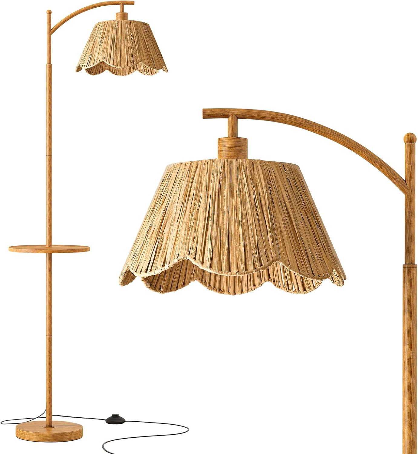 Oneach 63.5' Floor Lamp with Table for Living Room, Boho Rattan Standing Lamps with Foot Switch, Farmhouse Floor Lamp for Bedroom, Arc Tall Lamp with Metal Base&Pole, Bulb not Included, Woodgrain