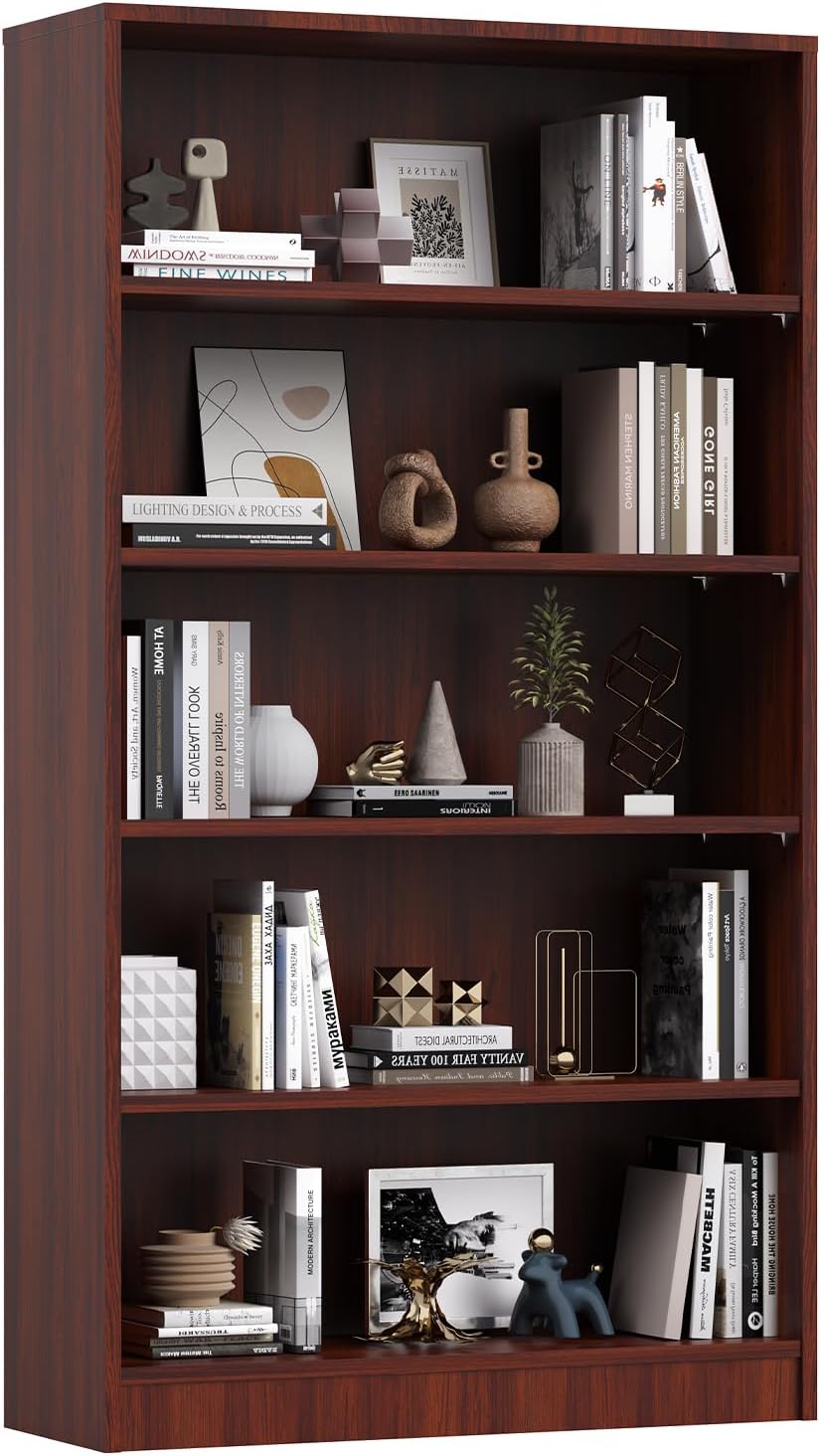 Farini 60 Inch Tall 5-Shelf Bookcase, Wood Bookshelf Storage Organizer Adjustable Shelf for Home Office, Study Room, Easy Assembly,Mahogany