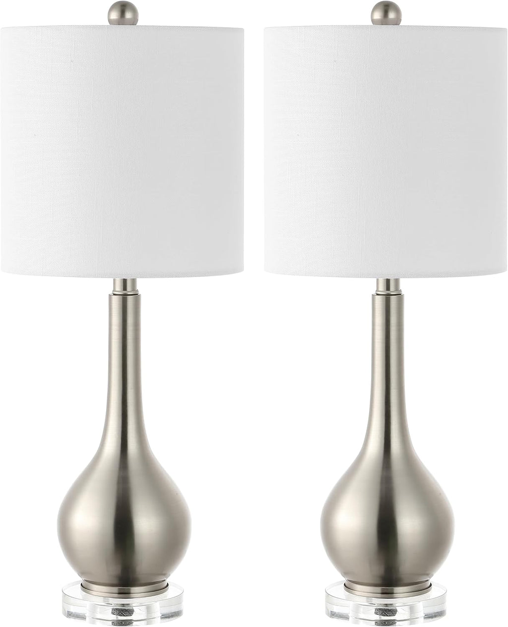 JONATHAN Y 25' Nickel Metal and Crystal Teardrop LED Table Lamp for Bedroom Living Room Bedside Nightstand, White Linen Drum Shade, LED Bulb Included, Set of 2 (JYL5010B-SET2)