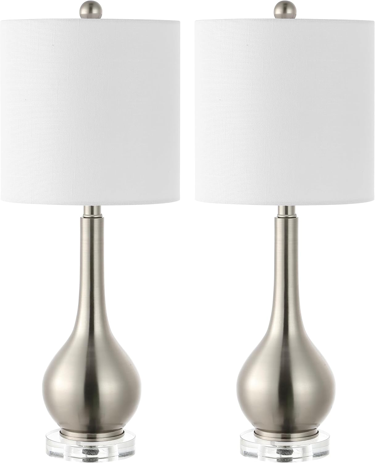 JONATHAN Y 25' Nickel Metal and Crystal Teardrop LED Table Lamp for Bedroom Living Room Bedside Nightstand, White Linen Drum Shade, LED Bulb Included, Set of 2 (JYL5010B-SET2)