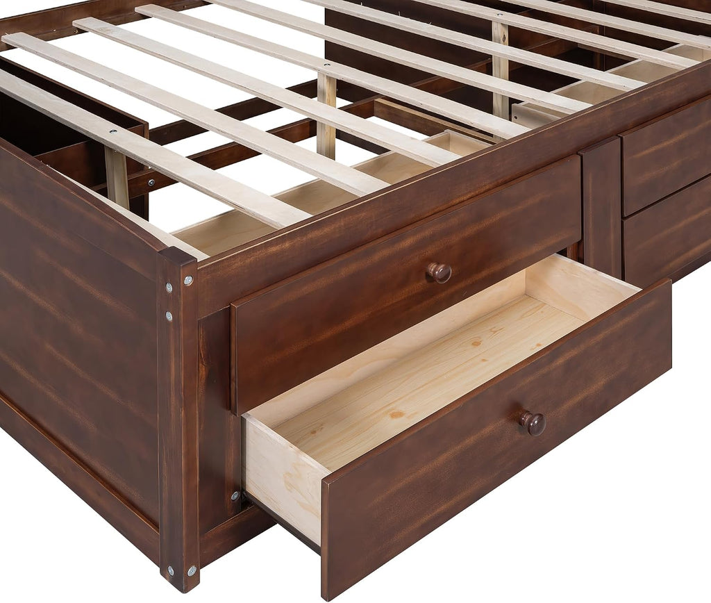 Hanuq Full Size Wooden Captain Bed with Bookcase Headboard | ﻿ Platform Bed with 4 Under-Bed Storage Drawers and Built-in Shelves, No Box Spring Needed, 550 Lbs Weight Capacity