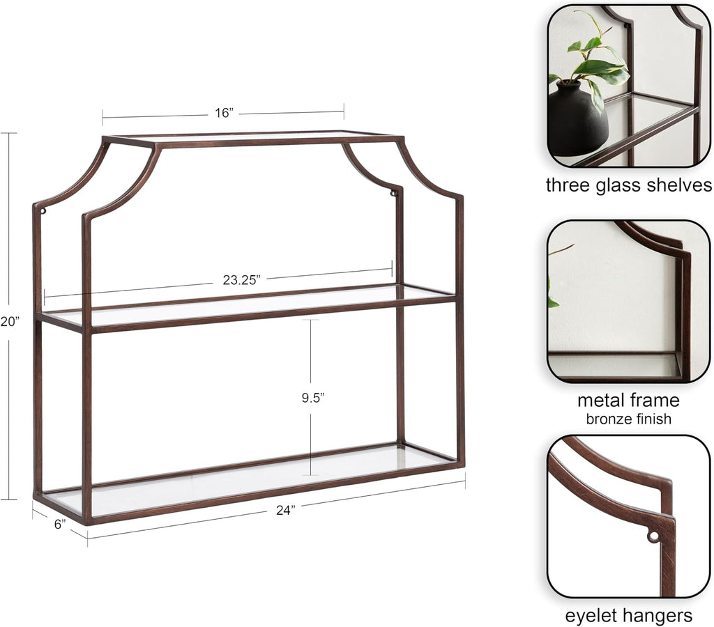 Kate and Laurel Ciel Modern Glam Wide Two-Tier Wall Shelf, 24 x 20, Bronze, Tiered Bathroom Shelves for Over the Toilet Storage or Bedroom Makeup Organizer