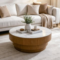31.5' Round Marble Coffee Table for Living Room, Mid-Century Modern Coffee Table with White Sintered Stone Top and Stable Wood Pedestal Base, Drum Cocktail Center Tea Tables for Bedroom Apartment