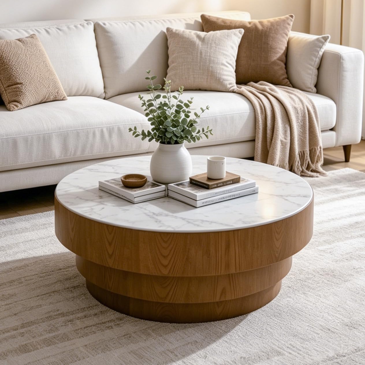31.5' Round Marble Coffee Table for Living Room, Mid-Century Modern Coffee Table with White Sintered Stone Top and Stable Wood Pedestal Base, Drum Cocktail Center Tea Tables for Bedroom Apartment