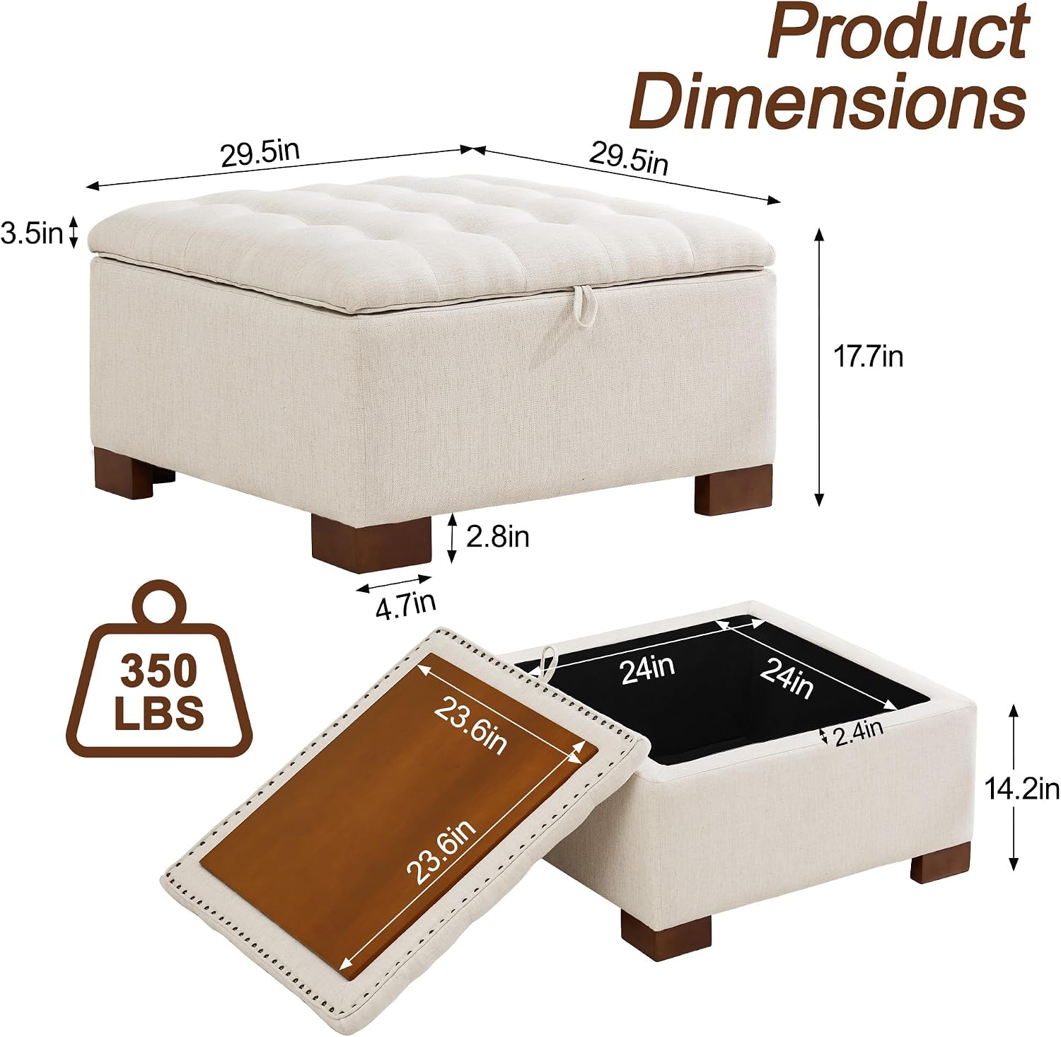 WUTUTUEE 30' Fabric Square Storage Ottoman with Wooden Tray, Modern Tufted Button Footstool Coffee Table, Upholstered Large Ottoman for Living Room, Bedroom, Beige