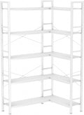 5-Shelf Corner Bookshelf, Large Open Shelf Bookcase,White Metal Frame, L-Shaped Storage Rack with Cross Braces for Living Room Home Office