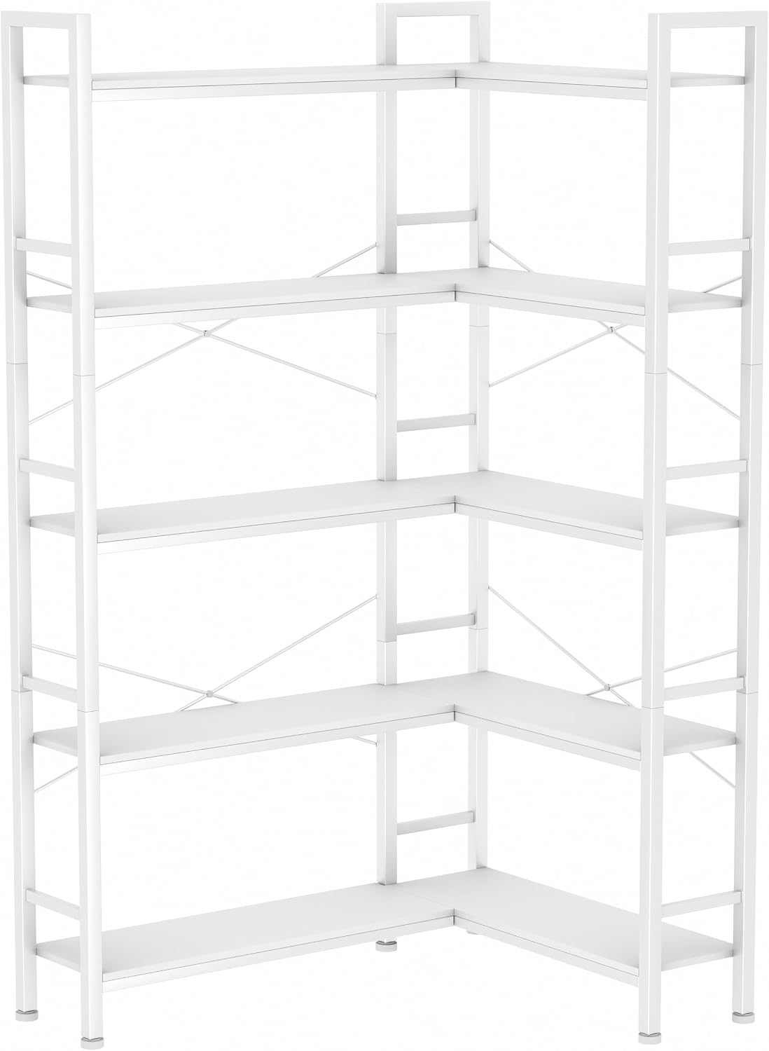 5-Shelf Corner Bookshelf, Large Open Shelf Bookcase,White Metal Frame, L-Shaped Storage Rack with Cross Braces for Living Room Home Office