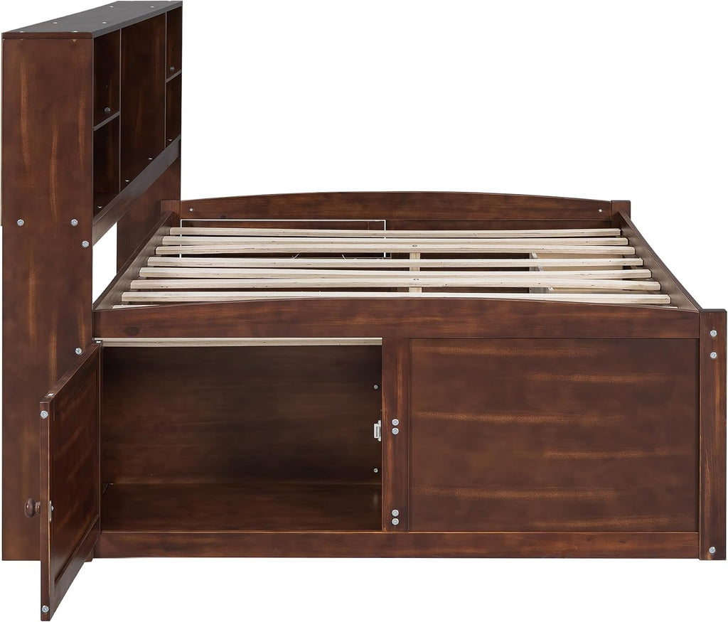 Hanuq Full Size Wooden Captain Bed with Bookcase Headboard | ﻿ Platform Bed with 4 Under-Bed Storage Drawers and Built-in Shelves, No Box Spring Needed, 550 Lbs Weight Capacity