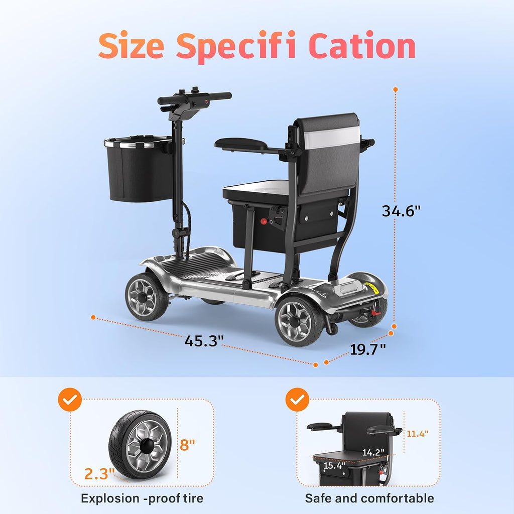 Foldable Mobility Scooter for Adults&Seniors - 43lb Lightweight Portable Motorized Scooters Airport Approved, 4 Wheel Travel Mobility Scooter w/Removable Battery, Dual Basket, 300lb Capacity, Silver