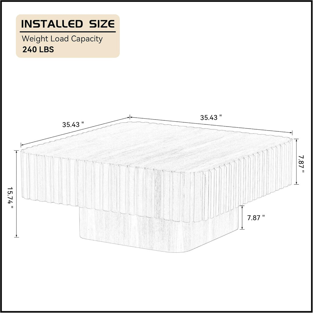 Coffee Table, 35.43' Square Coffee Table Modern Handcraft Fluted Table Accent Wood Center Table for Living Room Apartment, Easy Assembly, Walnut