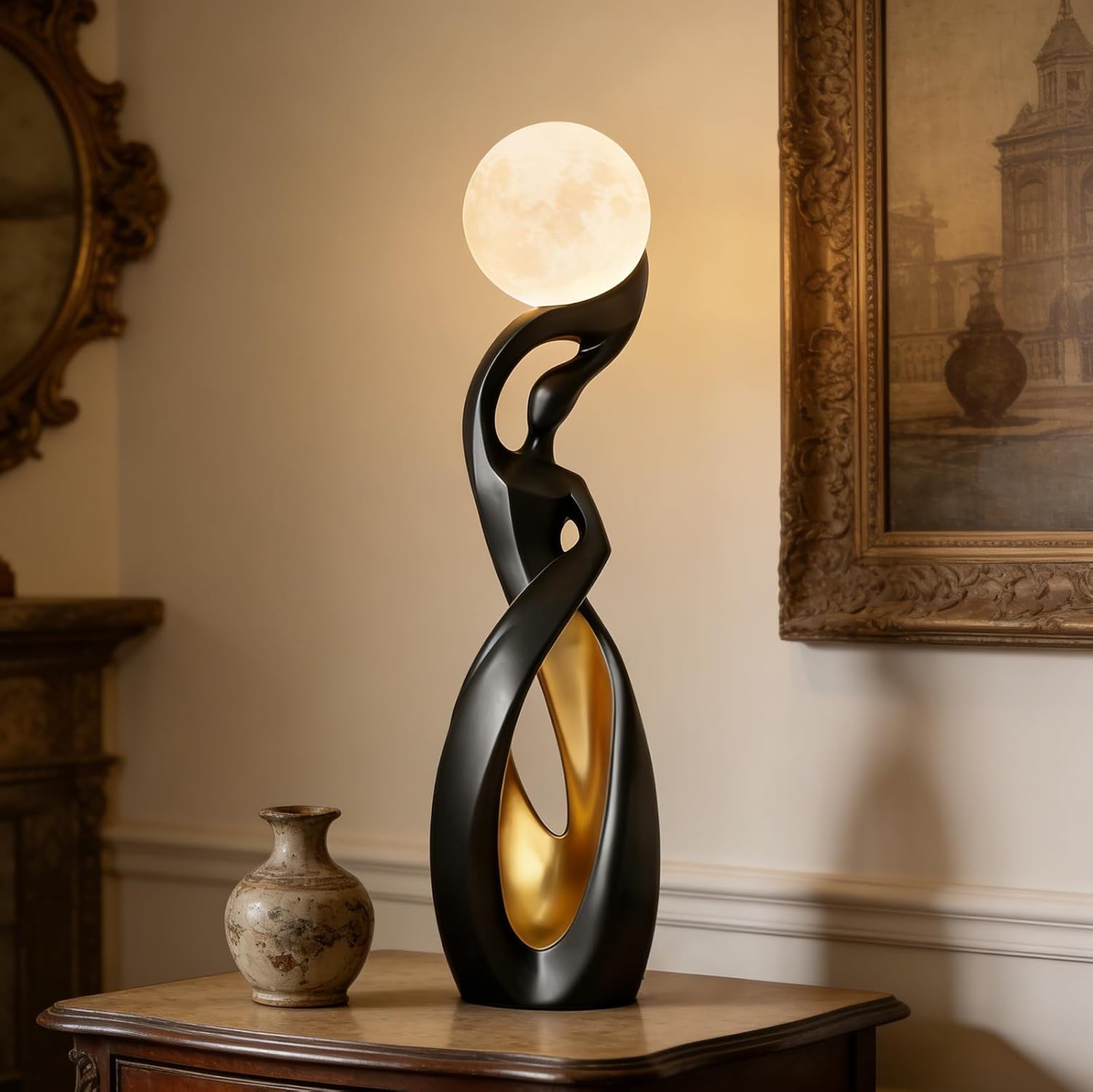 Modern Black and Gold Floor Lamp,Art Unique Corner Standing Light | Decorative Rechargeable Moon Tall Lamp Or Resin Creative Stylish Decor Lamps for LivingRoom,BedRoom