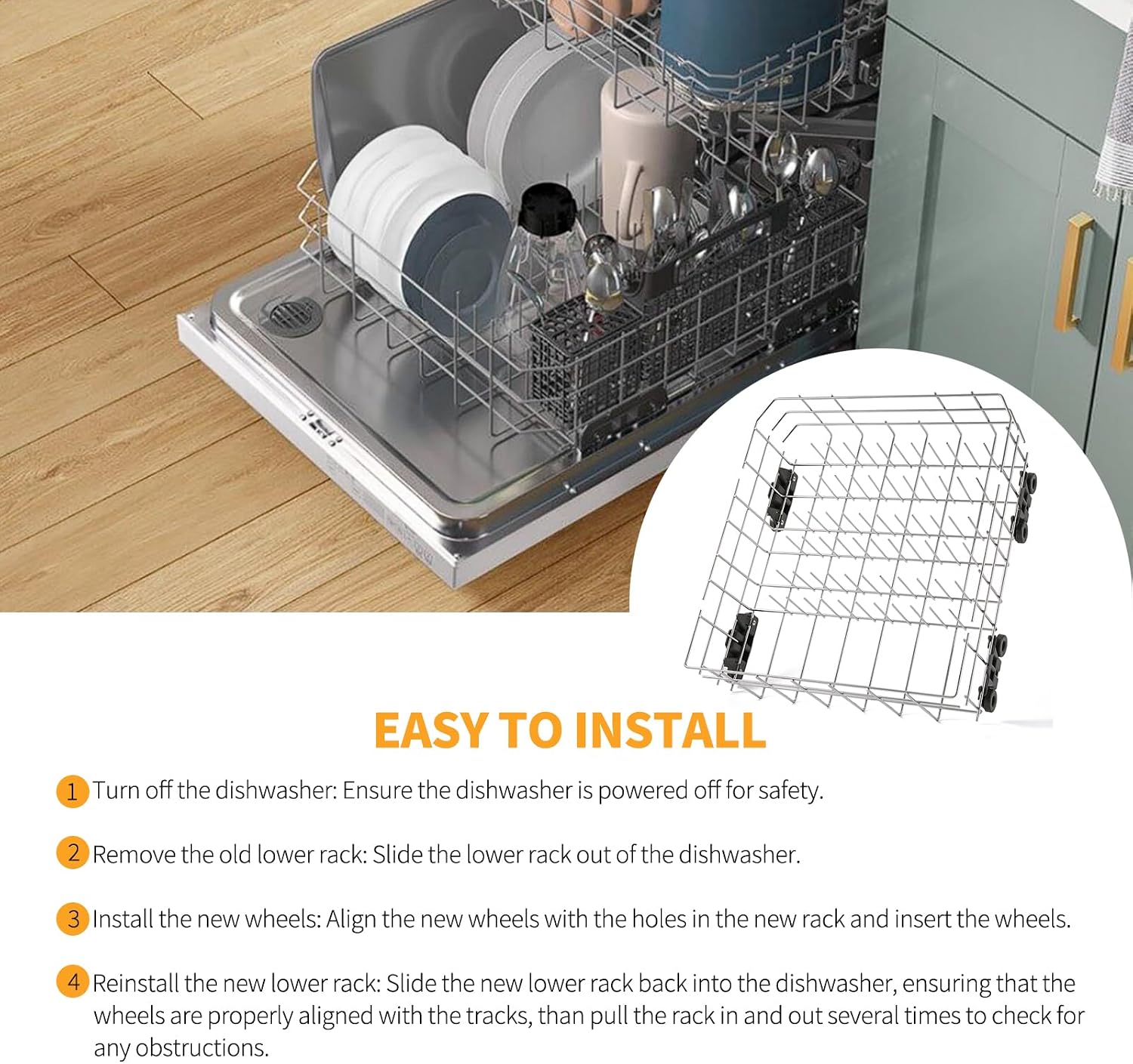 Stainless Steel W10728159 Dishwasher Lower Rack Replacement for KitchenAid Maytag Dishwasher Parts with Wheels W10525646 KDFE104DSS2 Lower Dishrack 22' x 20.7' Whirlpool Dishwasher Bottom Rack Drawer